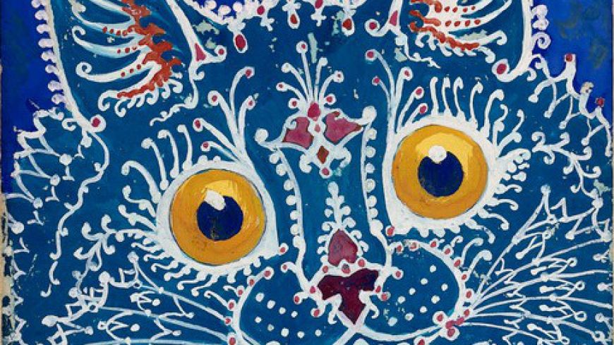 Cat in blue, "gothic" style. Gouache by Louis Wain, 1925/1939