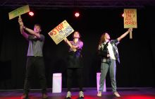 The cast of On Your Bike, a musical about pizza and chicken food delivery bikers