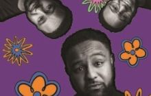 Three images of the performers head swirl in a purple background with flowers