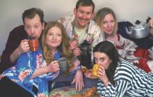 The five cast members of Bite-Sized plays pose with cups of tea