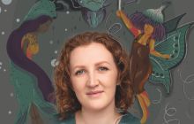 Ailsa Shepherd's head surrounded by mythical creatures on a gray background