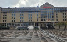 Festival Square - damp and grey - and the Sheraton Grand Hotel