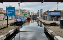 Canal boats at Lochrin Basin the terminus of the Union Canal viewed from Leamington Lift Bridge