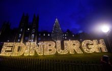 "Edinburgh" on The Mound in white Christmas Lights 