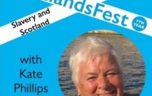 Scottish flag background, photo of writer Kate Phillips on bottom right, with her name and the words ScotlandsFest