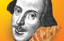 Shakespeare's head with a croissant on the bottom right