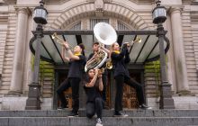 Isabella O'Sullivan, Heiyi Lok, Alex Wishart and Summer Williamson from Oi Musica perform outdoors at Usher Hall to announce details of the Healing Arts Scotland Opening Celebration as part of EIF 2024. 