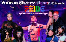 A purple-hued image of a topless drag king surrounded by two drag queens and 3 DJs.