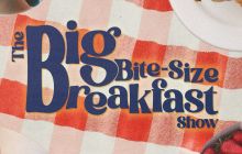 The words The Big Bite Breakfast Show' are written in red lettering on top of a picnic blanket that is red and white checked.