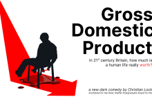 A silhouette of a man, seated on a chair, with a red stripe underneath him and the heading on the right hand side.