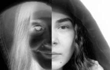 Two faces of women pictured in black and white - one in period dress, one in modern dress