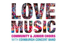 The letters of Love Music filled with pictures of the choir