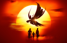 Artwork for Miss Saigon featuring a silhouette of a woman, child and man walking away underneath a setting sun