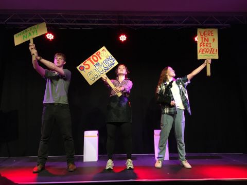 The cast of On Your Bike, a musical about pizza and chicken food delivery bikers