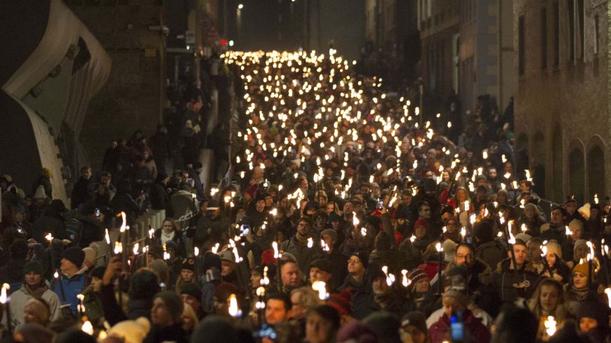 Torchbearers on Edinburghs Hogmanay Torchlight Procession