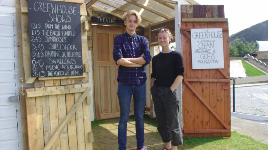 Caelan Mitchell-Bennett and Luch Reis in front of the Greenhouse Fringe venue