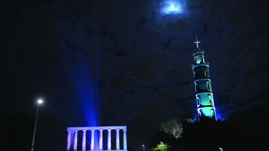 Nelson Monument and acropolis at night