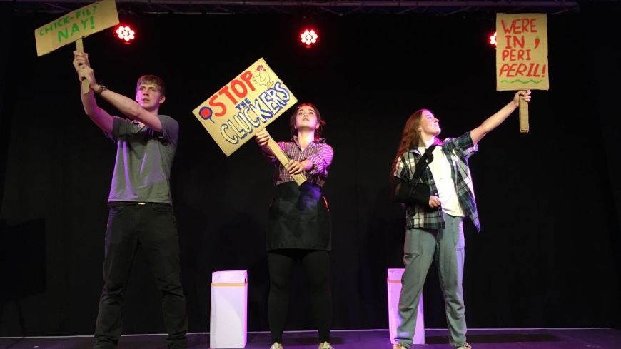 The cast of On Your Bike, a musical about pizza and chicken food delivery bikers