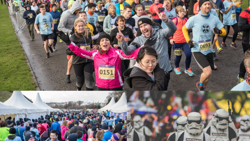 Edinburgh Winter Run collage including 5km start and participants in fancy dress