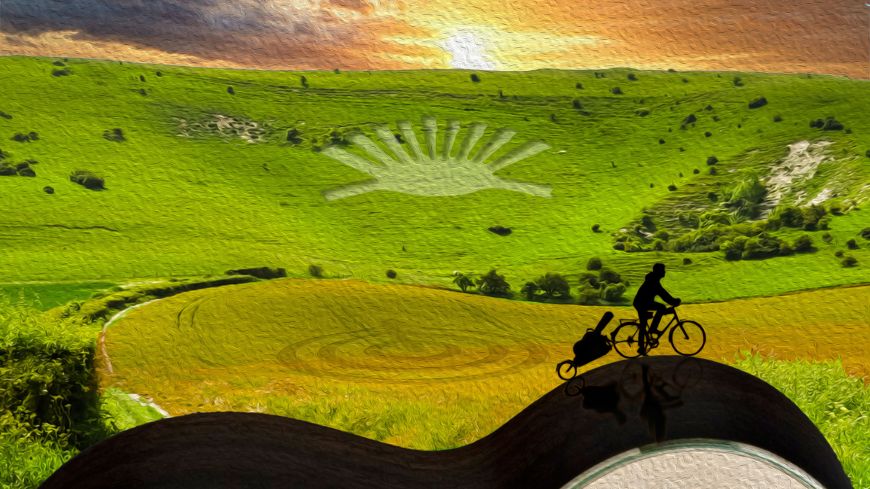 A painting of Richard cycling through the countryside and on the curve of the guitar.
