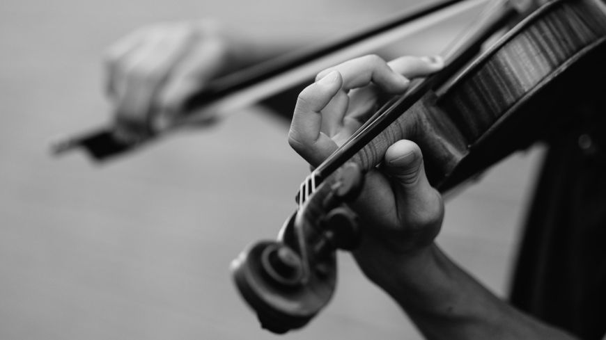 Black and white close-up of violinist's hands 