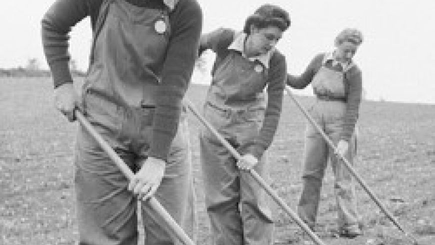 Black and white photo of three land girls pictured with hoes, in a field
