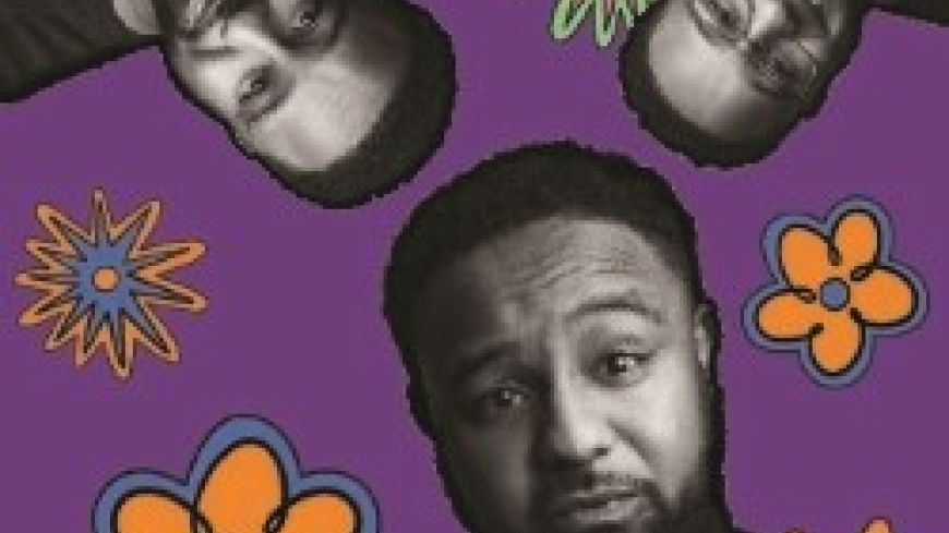 Three images of the performers head swirl in a purple background with flowers