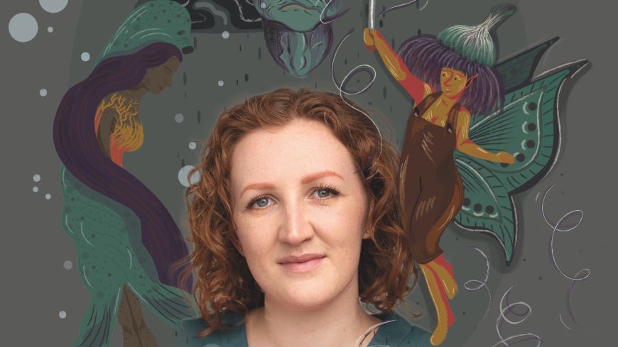 Ailsa Shepherd's head surrounded by mythical creatures on a gray background