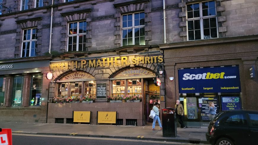 Outside Mather's Bar in Edinburgh's West End at evening time