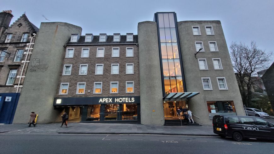 The front of the Apex hotel, a modern hotel in the Grassmarket  