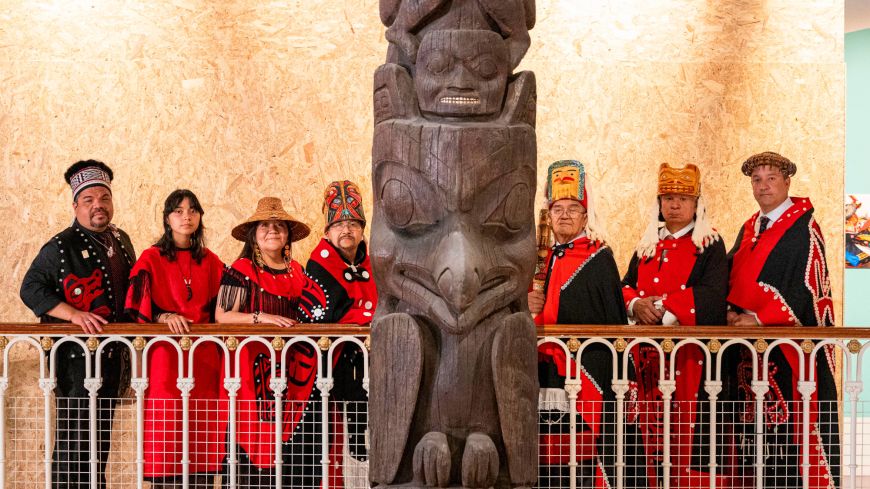 Delegates from the Nisga’a Nation with the Ni’isjoohl Memorial Pole