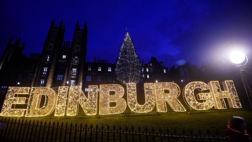 "Edinburgh" on The Mound in white Christmas Lights 