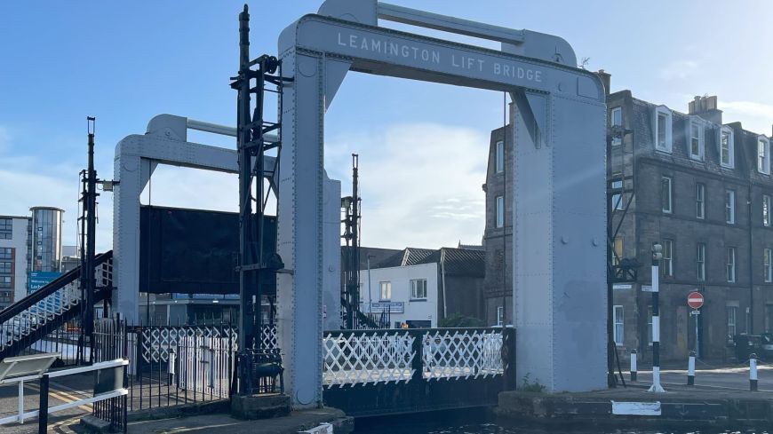 Leamington Lift Bridge with the pedestrian canal crossing behind it