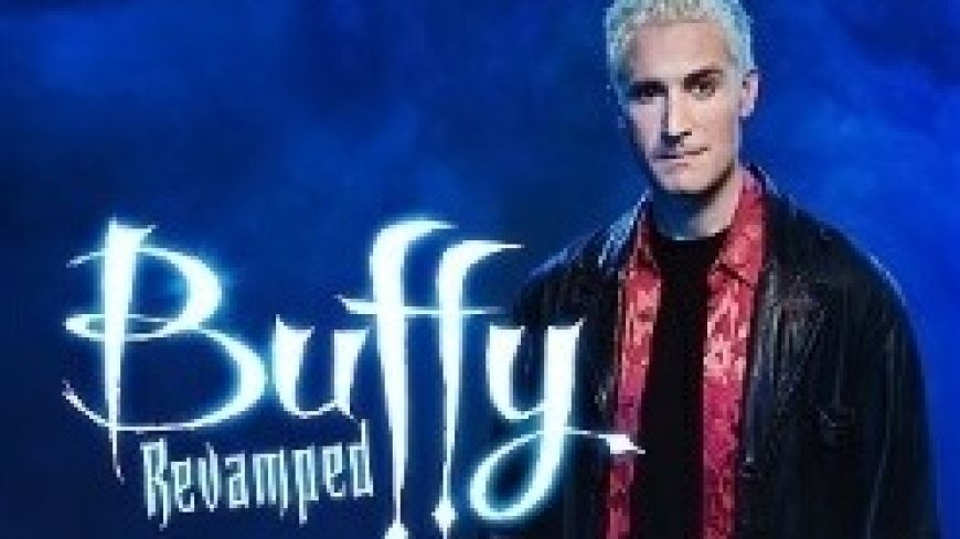 Brendan Murphy posing as Spike the vampire, with the words Buffy Revamped in vampire-like text