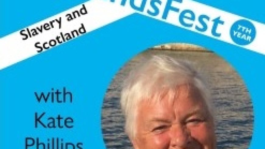 Scottish flag background, photo of writer Kate Phillips on bottom right, with her name and the words ScotlandsFest