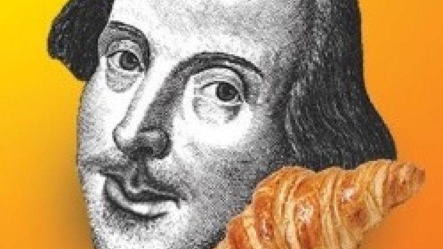 Shakespeare's head with a croissant on the bottom right