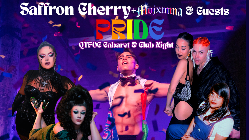 A purple-hued image of a topless drag king surrounded by two drag queens and 3 DJs.