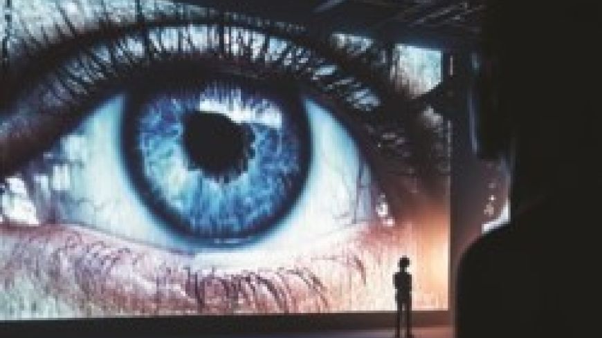 An eye watches over you. A person stands in front of it, very small in comparison.