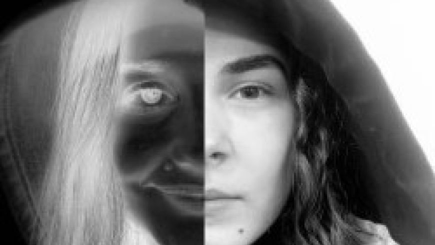 Two faces of women pictured in black and white - one in period dress, one in modern dress