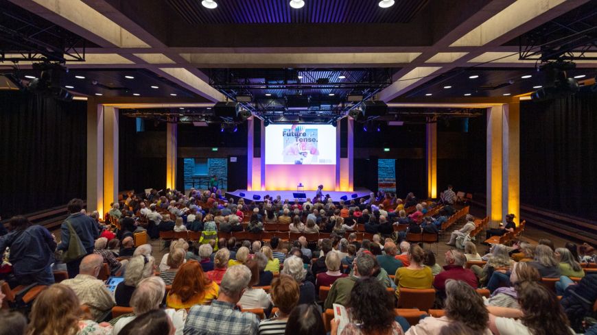View from the back of a full lecture theatre at the Book Festival