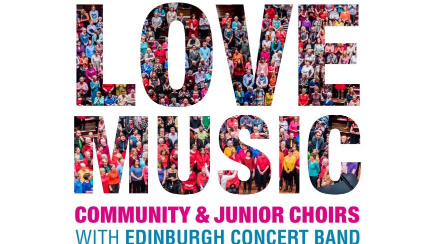 The letters of Love Music filled with pictures of the choir