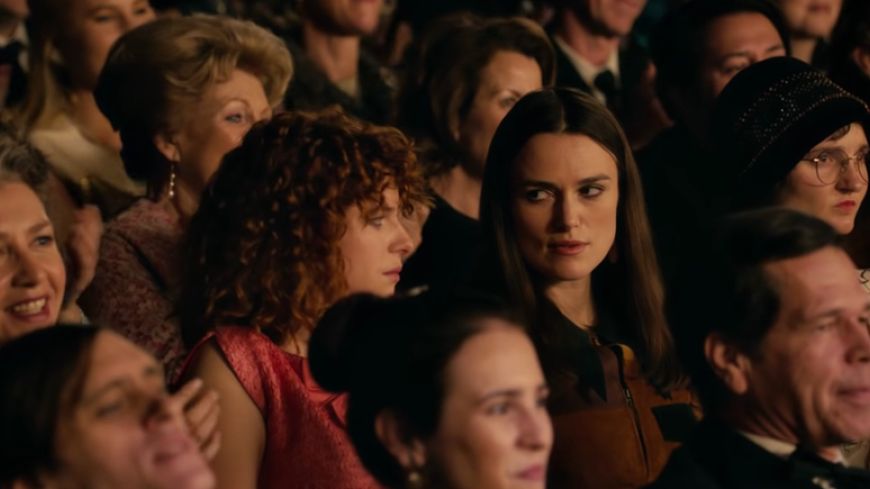 Sally (Keira Knightley) and Jo (Jessie Buckley) watch the Miss World contest in disgust.