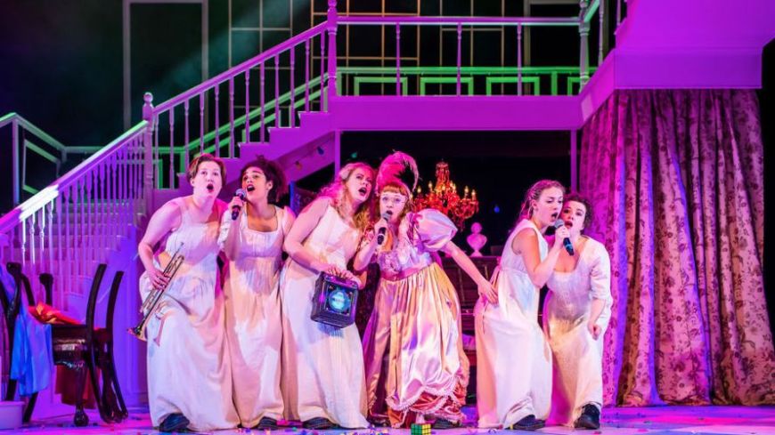 The cast of Pride and Prejudice* (*sort of): from left to right - Photo: (L-R) Hannah Jarrett-Scott, Felixe Forde, Meghan Tyler, Tori Burgess, Christina Gordon, Isobel McArthur; Photo credit Mihaela Bodlovic