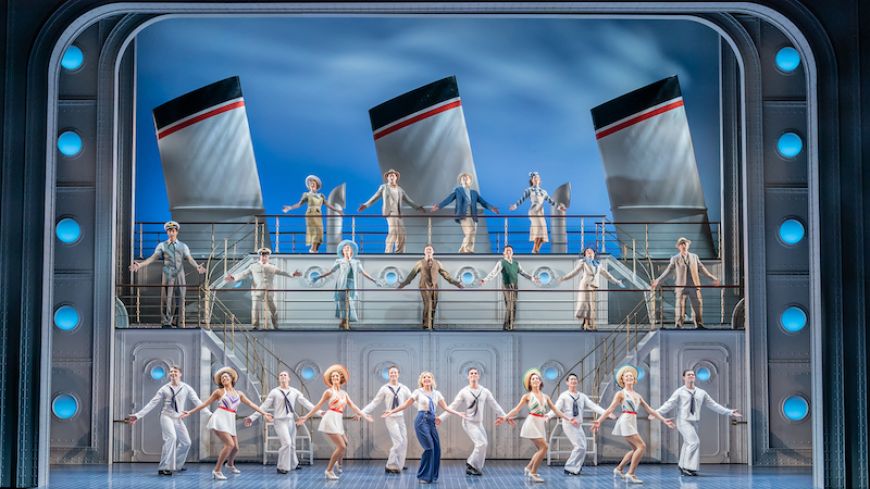 The cast of Anything Goes, (photo credit, Marc Brenner)