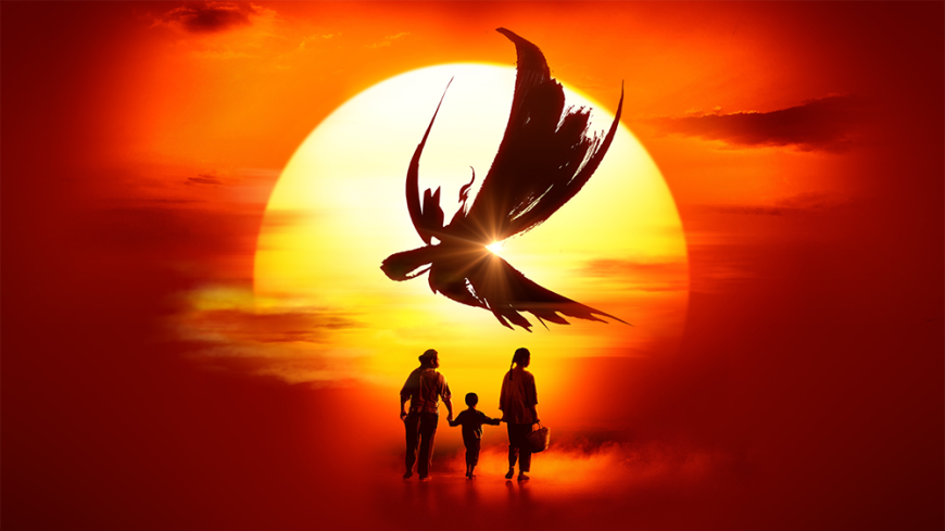 Artwork for Miss Saigon featuring a silhouette of a woman, child and man walking away underneath a setting sun