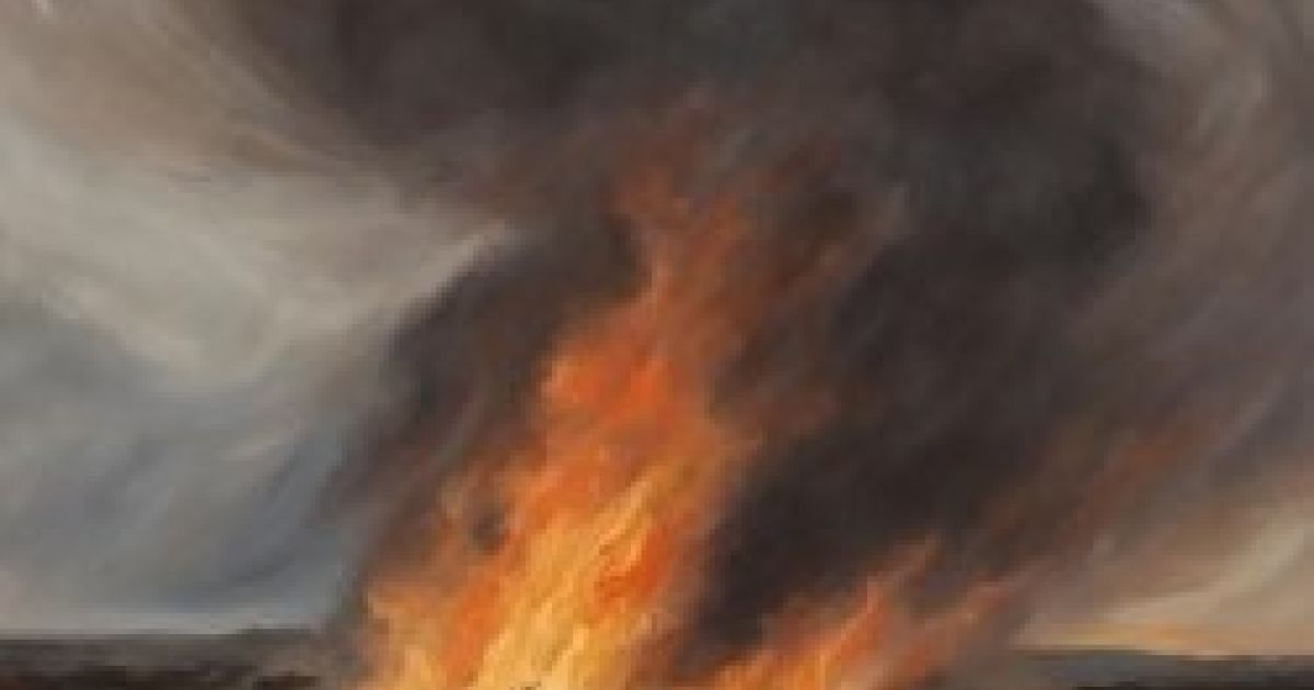 Fire in a moorland, grey skies around it.