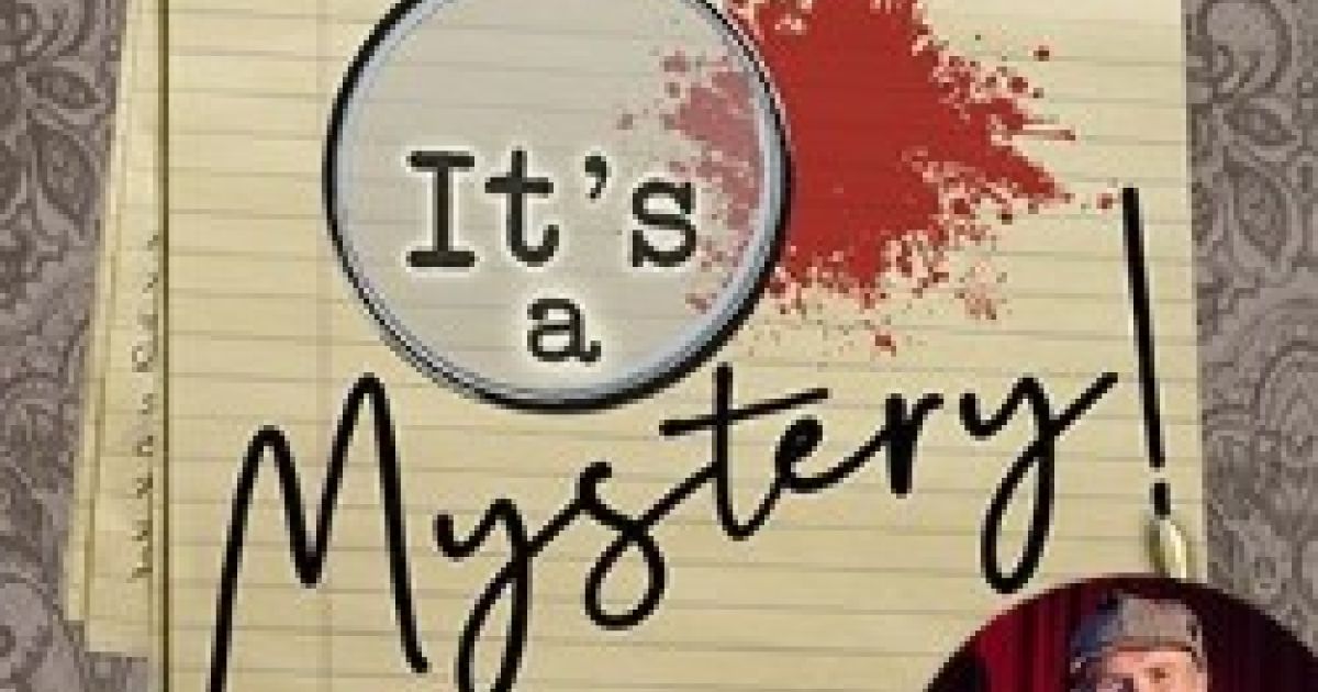 Words 'It's a Mystery' in the centre of a yellow, lined notepad, with a blood splash, a bloody knite and an image of the host of the show.